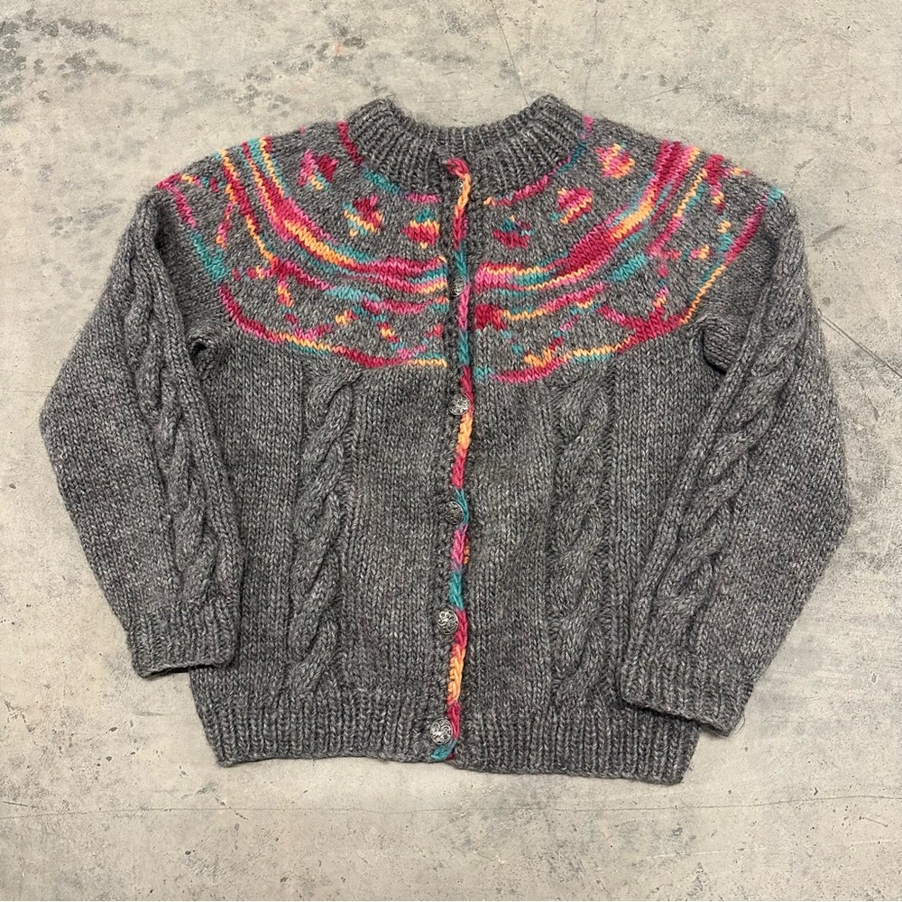 Vintage Hand Knit Icelandic Wool Sweater Sherbet Rainbow Fair Isle Cardigan - Picture 1 of 9